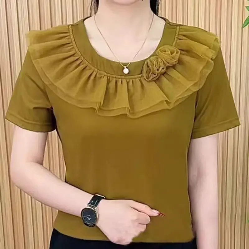 Temperature Round Neck T-shirt Short-sleeved Shir Solid Color New Summer Age-reducing and Fashionable Versatile Top