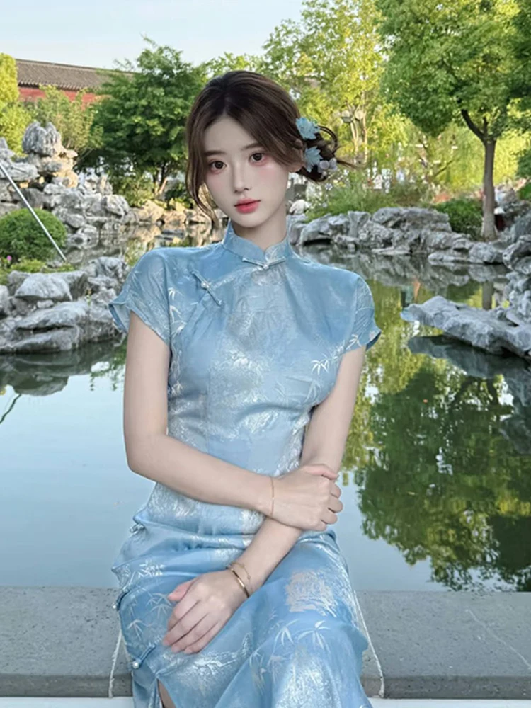 

Ele Blue Young Women's Sle Retro Chinese New Faion Mid-Length Svel Dr for Daily Wear Summer 2025