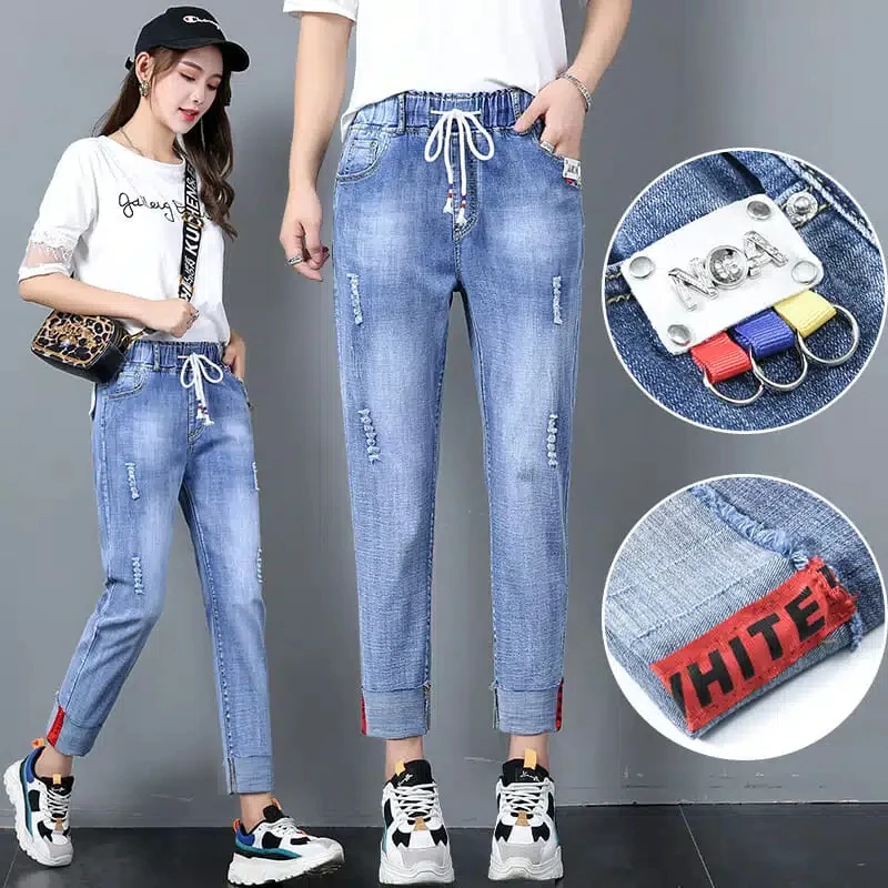 Jeans Women New Spring Autumn Elastic High Waist Student Jeans Korean Loose Hole Casual Female Ankle-Length Straight Denim Pants