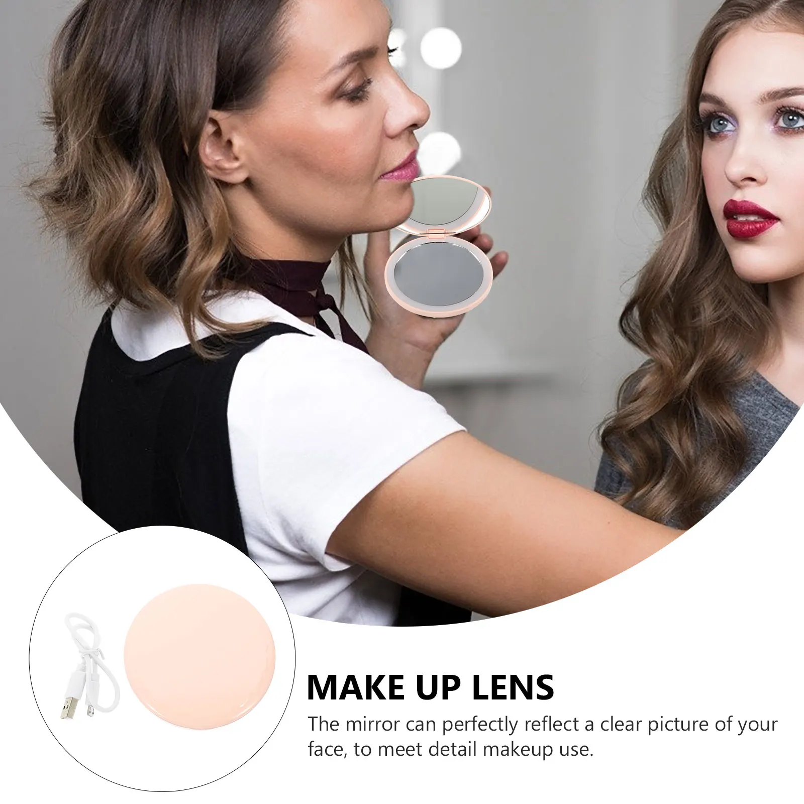

Rechargeable LED Pink Mini H held Portable Makeup Mirror Lighted Compact Mirror for Travel Portable Small Mirrors