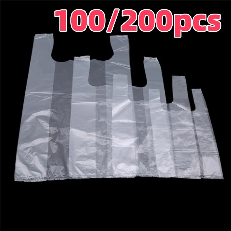100/200pcs Plastic Shopping Bag 100Pcs Transparent Shopping Bag Supermarket Plastic Bags With Handle Food Packaging