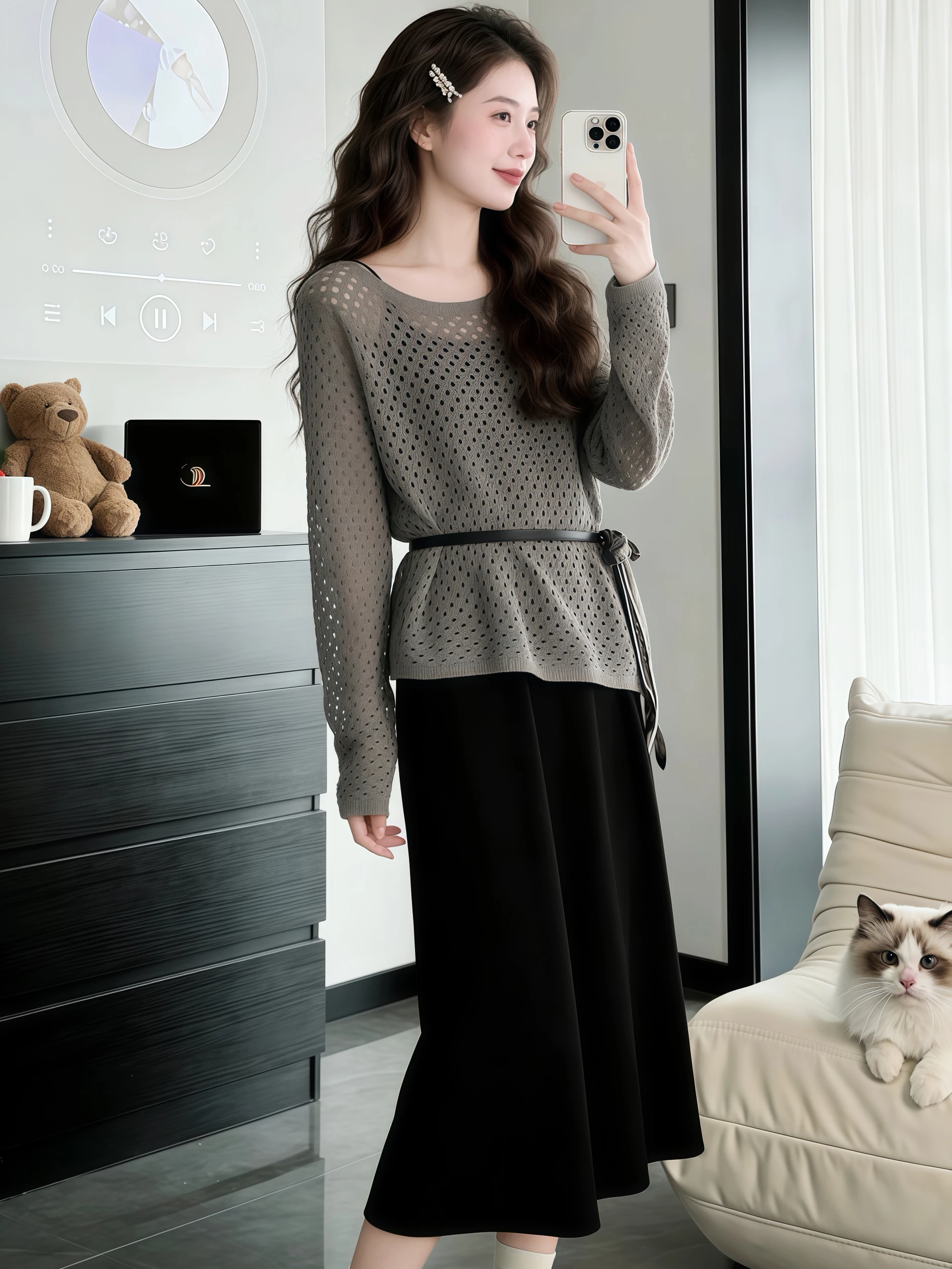 

Fashionable Women's Ootd Matching Set Spring Autumn Hollow out Knitted Top And Dress Two Piece Casual Comfortable Wear