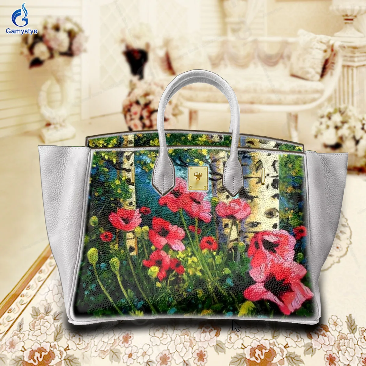 

Ladies Hand Bag Female Carteras Para Mujer De Moda Originales Red floral print Genuine Leather Hand Draw Customize Art Bags