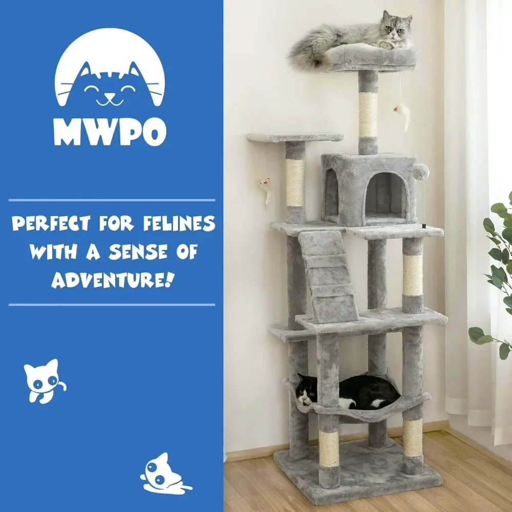 63.8inches Multi-Level Cat Tree for Large Cats with Sisal-Covered Scratching Posts, Padded Platform,Hammock and Condo,Light Gray