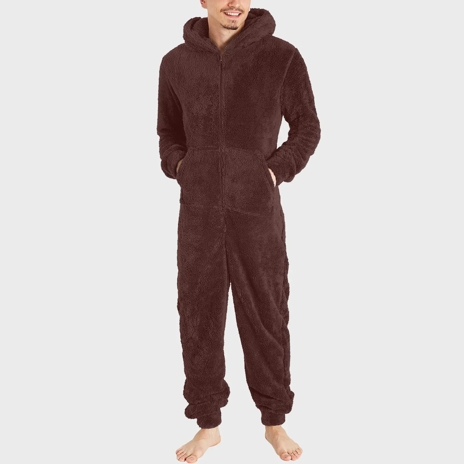 

Men Jumpsuit Long Sleeve Pajama Solid Zipper Hooded Jumpsuit Casual Winter Warm Sleepwear Comfortable Male Home Clothing 2024
