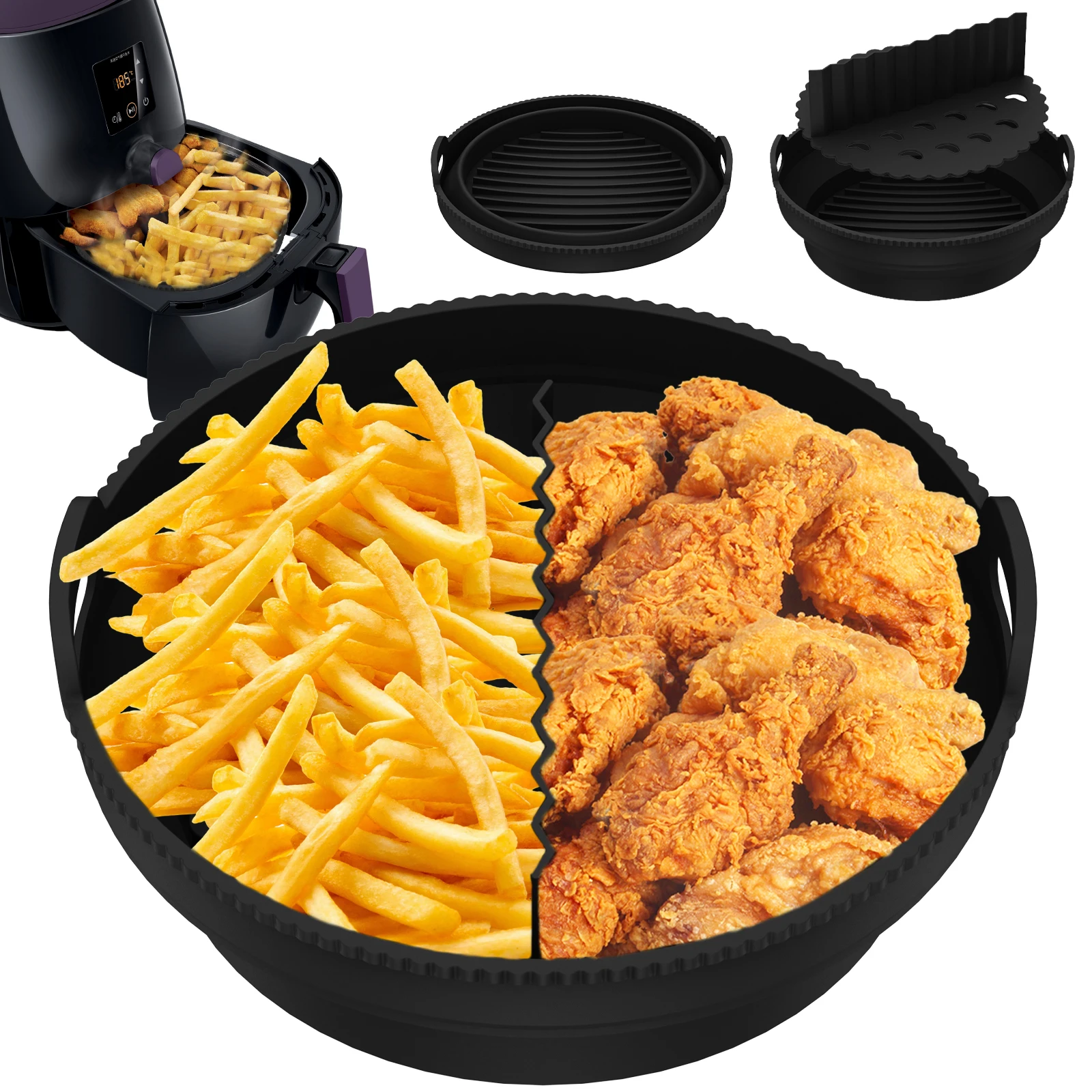 

Air Fryer Silicone Liner Pot with Divider Round Air Fryer Silicone Tray Foldable Air Fryer Silicone Basket Kitchen Baking Tools