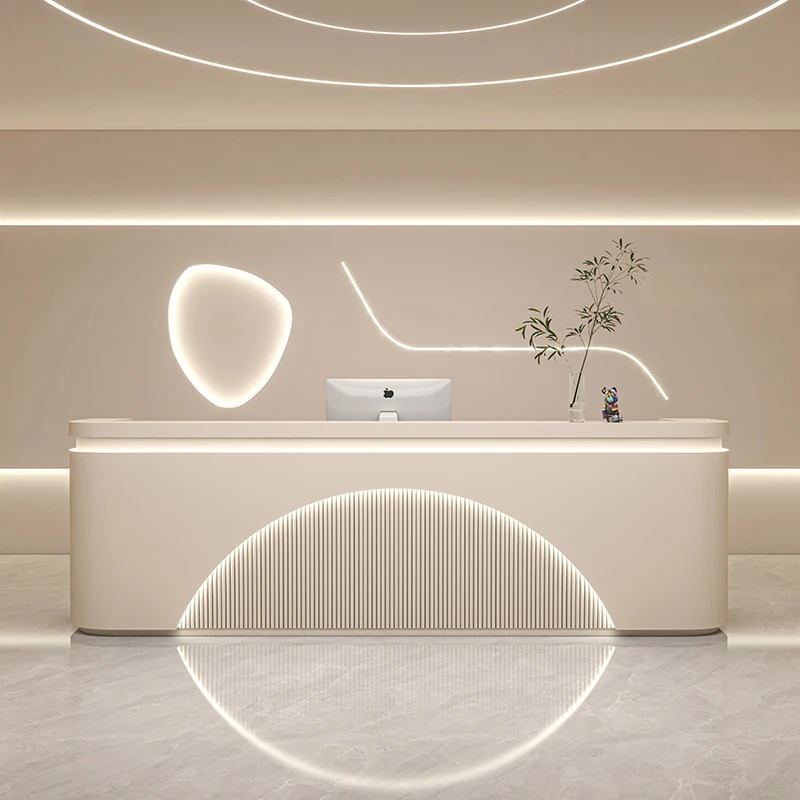 

Custom modern hair salon large front desk with LED lights with modeling multi-functional storage beauty nail reception desk