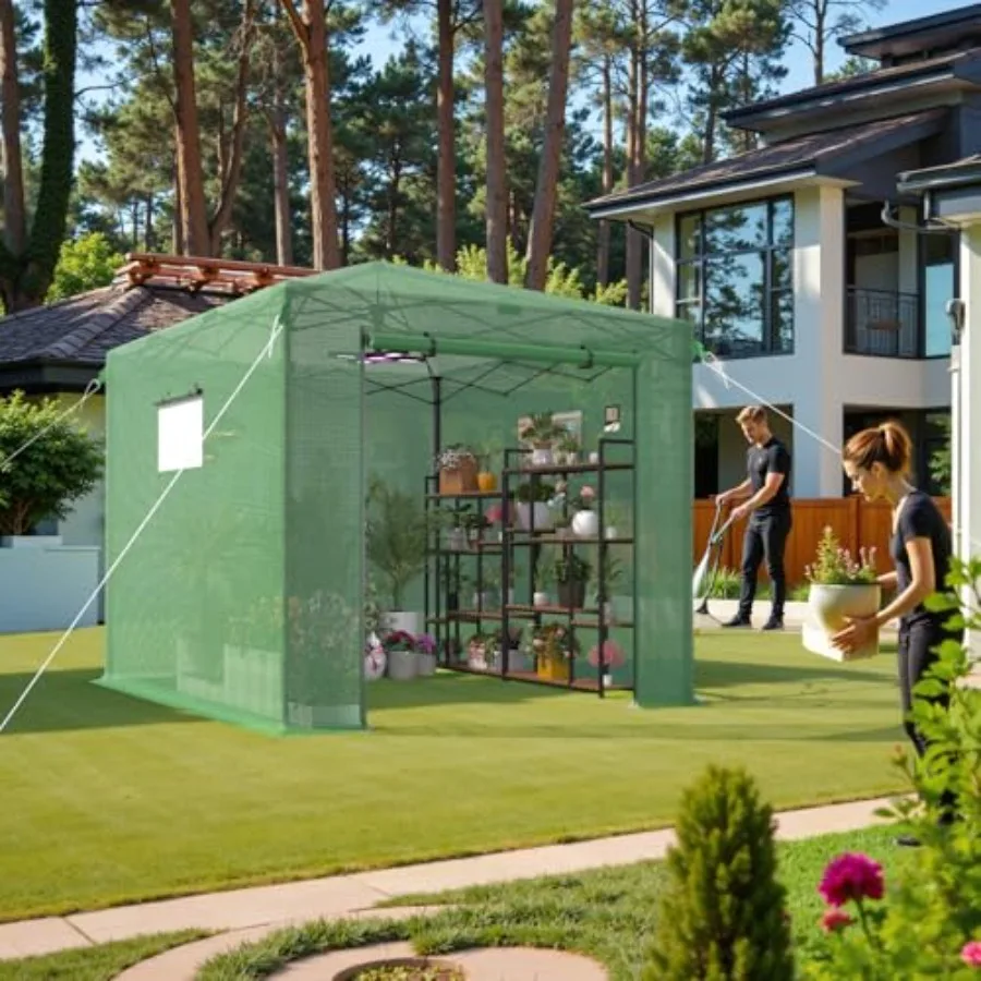 Outdoor portable walk-in greenhouse with PE cover, green color, pop-up feet design, roll-up zipper door, easy setup for garden