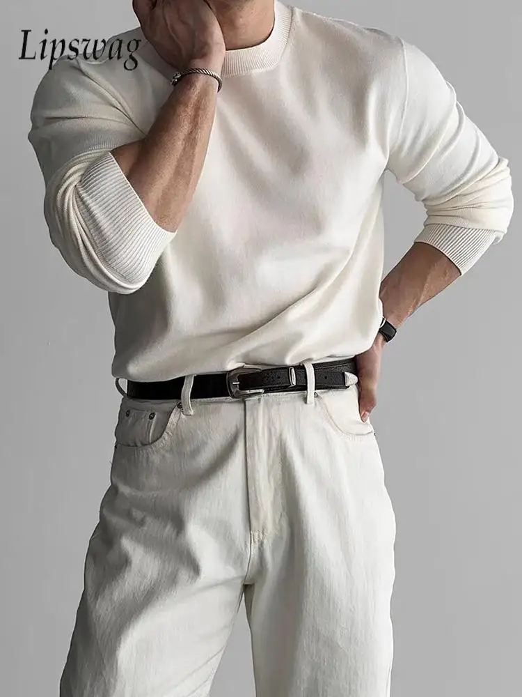 

Vintage Crew Neck Long Sleeve Slim Sweater Mens Knitting Solid Color Pullover Tops Spring Autumn Fashionable Men's Knit T Shirts