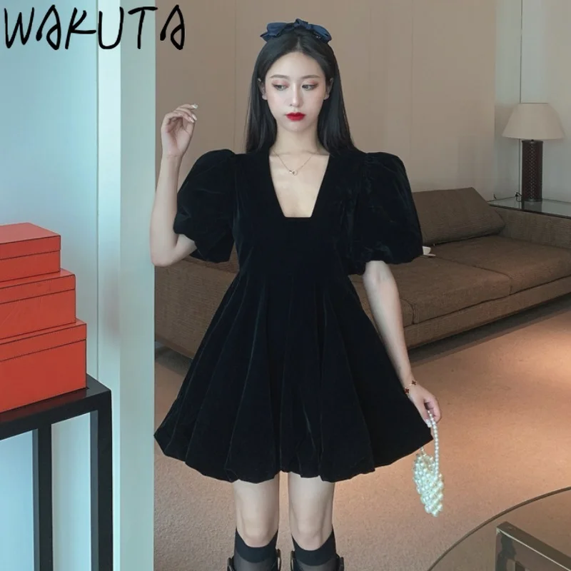 WAKUTA Women Elegant Party Dress Vintage Slim Puff Short Sleeve High Waist Clothes Korean Chic Daily Black Red Princess Dresses