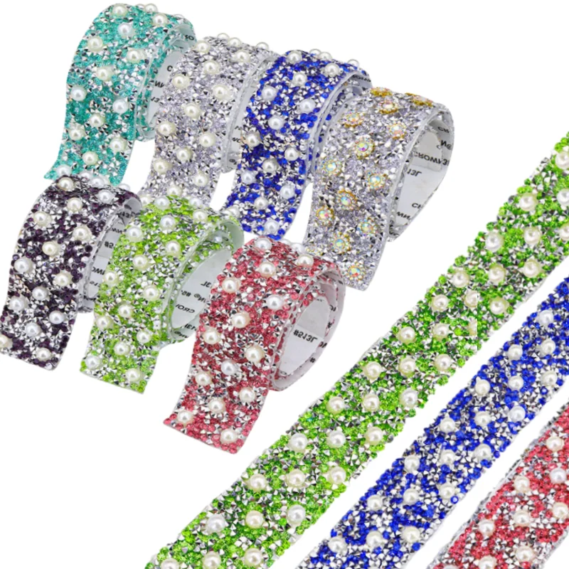 Pearl Crystal Rhinestone Trim Self Adhesive 3cm Width Colorful Stone Diamond Sewing Drill Tape DIY Bridal Dress Phone Decor