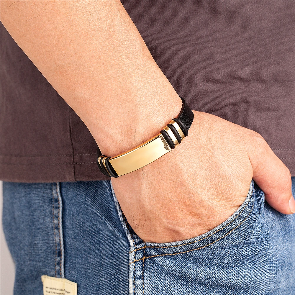 New Fashion Brand Bracelet Stainless Steel Men\'s Bracelet Black Charm Leather Bracelet Men\'s Wristband Simple Jewelry Wholesale