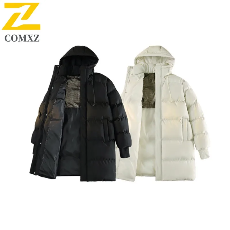 COMXZ Padding Coat Mid-Length Solid Color Hood Working Windproof Parka Loose Thickened Lightweight Autumn Winter Trench Coat