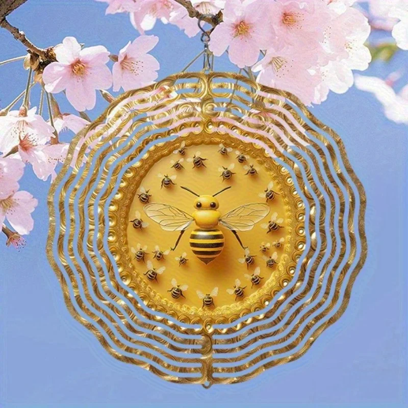 جبال الألب أفينيو ثلاثية الأبعاد الرياح المعدنية الرنين ماندالا مع تصميم النحل العسل، ديكور الحديقة الداخلي في الهواء الطلق هدايا جميع الفصول