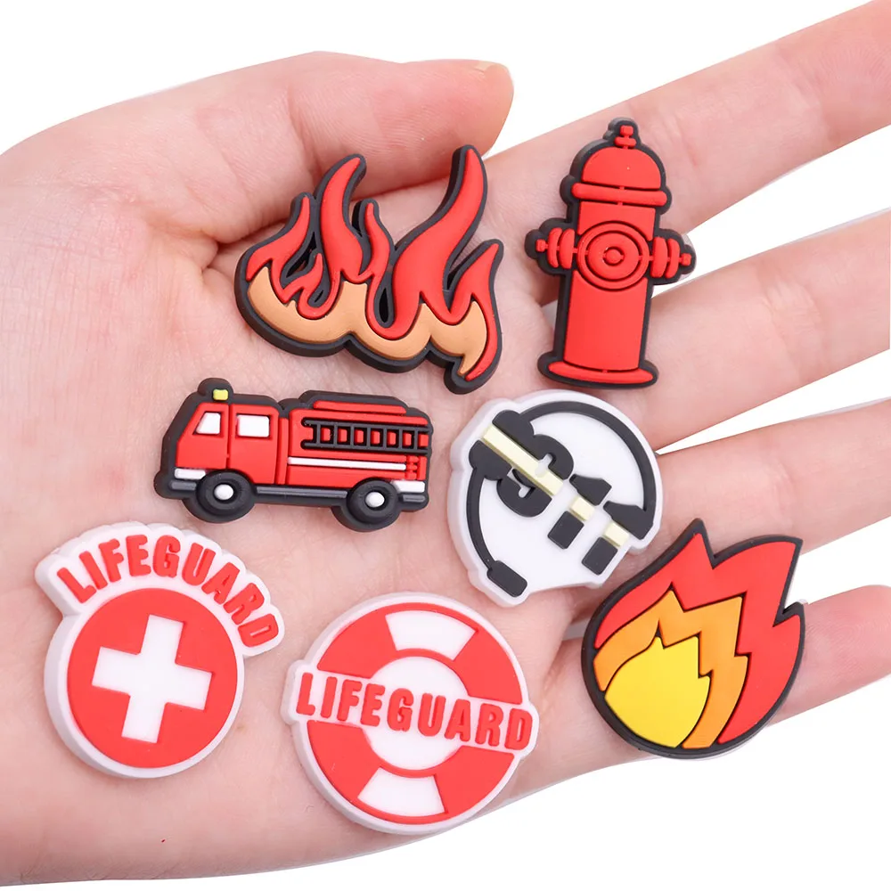 1PCS PVC Shoe Charms Life Guard 911 Hotline Axe Firetruck Hose Hat Fire Buckle Fit Wristbands Decoration For Clogs Pins Kid Gift