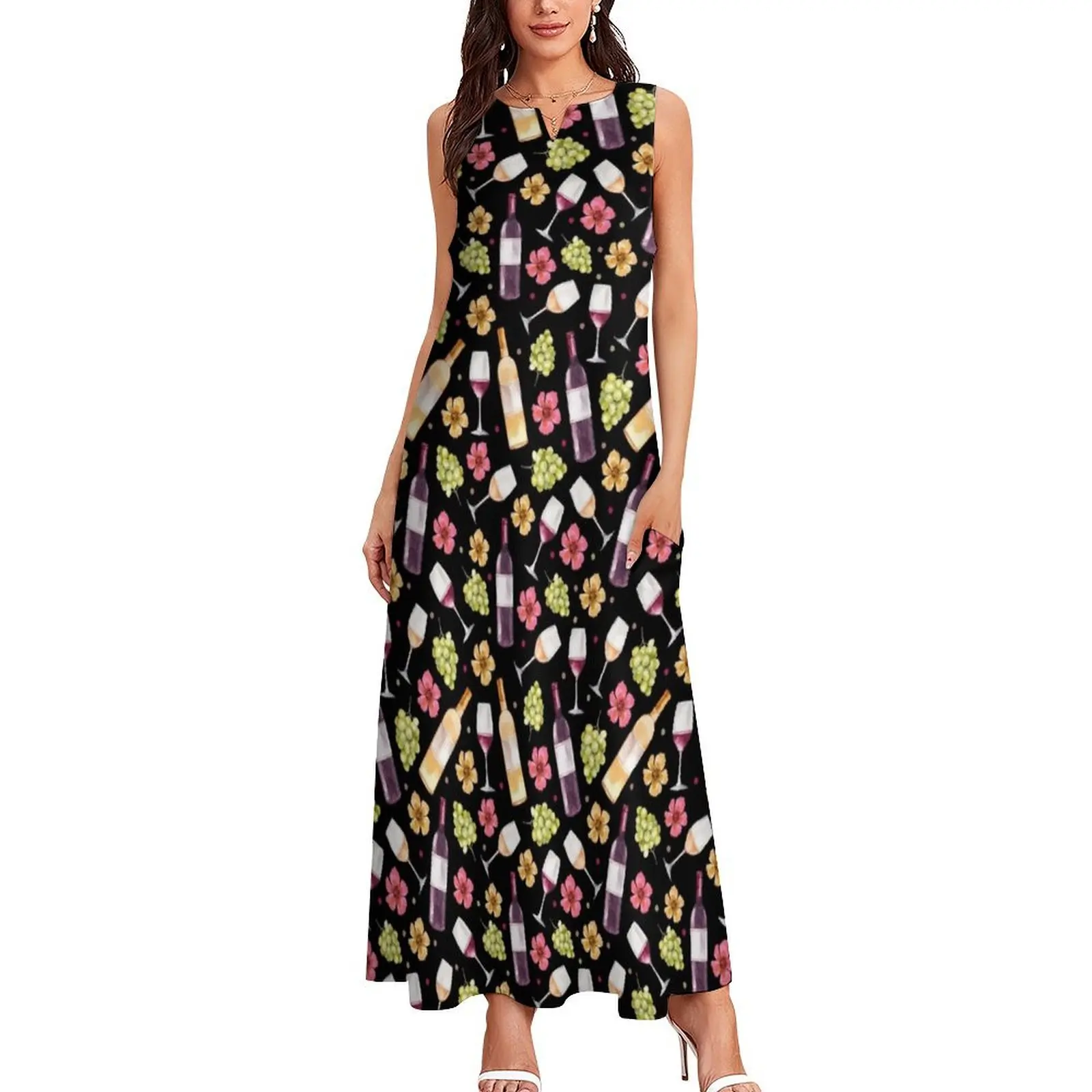 Red and White Wine Bottles Grapes and Watercolor Flowers on Black Long Dress women's summer clothing 2025 Dress