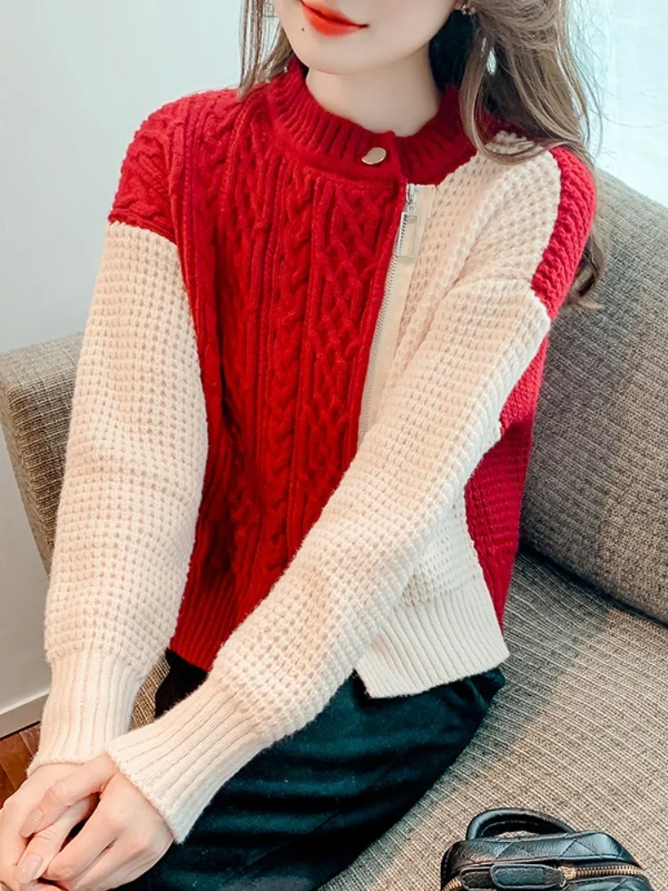 

Autumn Winter Half High Collar Loose Casual Patchwork Sweater Female Vintage Zipper Y2K Trend Knitting Pullover Top Women Jumper