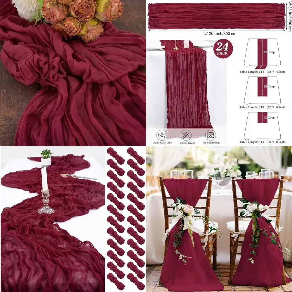 10FT Burgundy Boho Table Runners, Set of 24, 35x120 Inch for Weddings, Parties, and Holidays