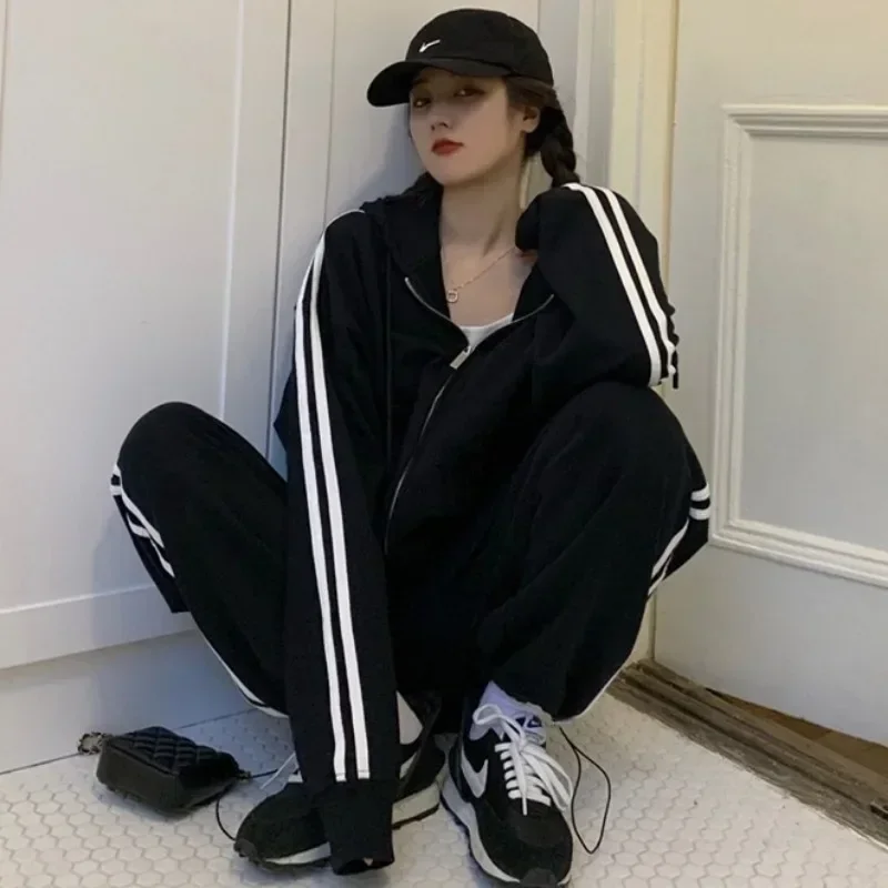 

Autumn Hoodies Women Korean Y2k Hooded Sweatshirts Preppy Harajuku Loose Zipper Sweater Sweatshirt And Pants Two Piece Set