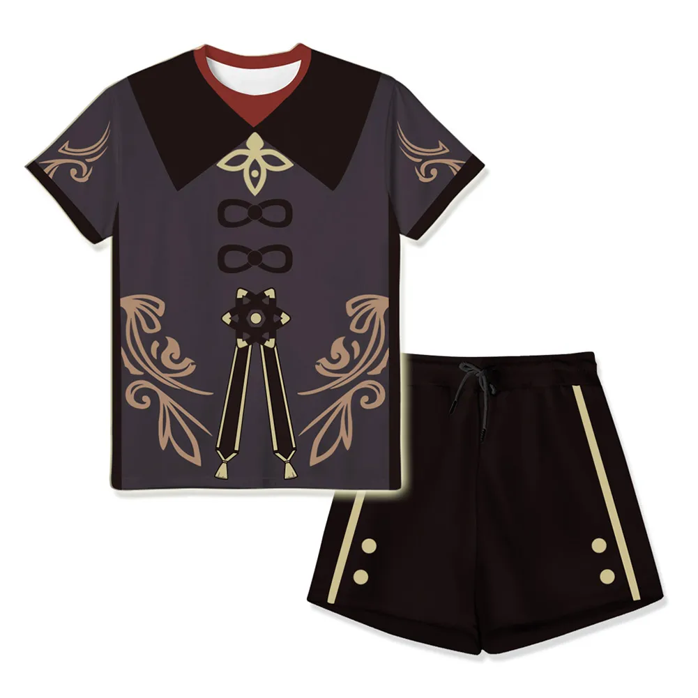 Genshin impact hu tao cosplay traje feminino verão camiseta top de colheita shorts conjunto de duas peças