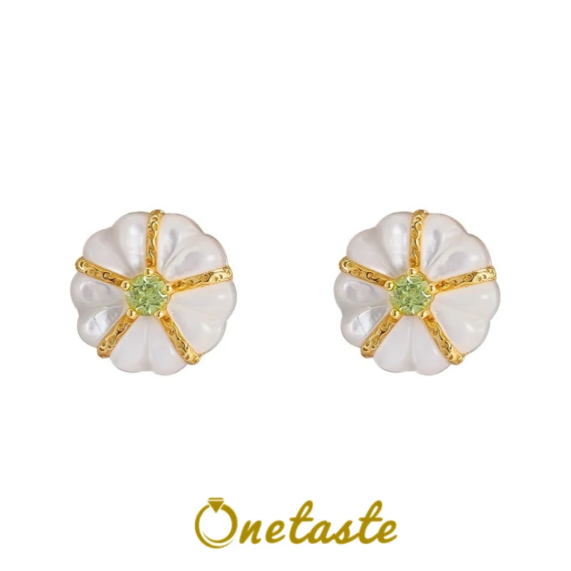 White Mother of Pearl Natural Peridot 925 Sterling Silver Earrings For Women 18K Gold Cute Flower Chic Small Earring 2024 Gift