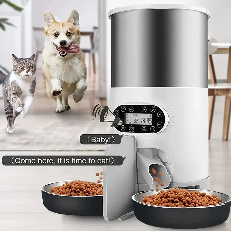 Automatic Feeder For Cat Dog Foods Automatic Dispenser Stainless Steel Double Bowls Pet Cats Dogs With Recording Timing Feeder