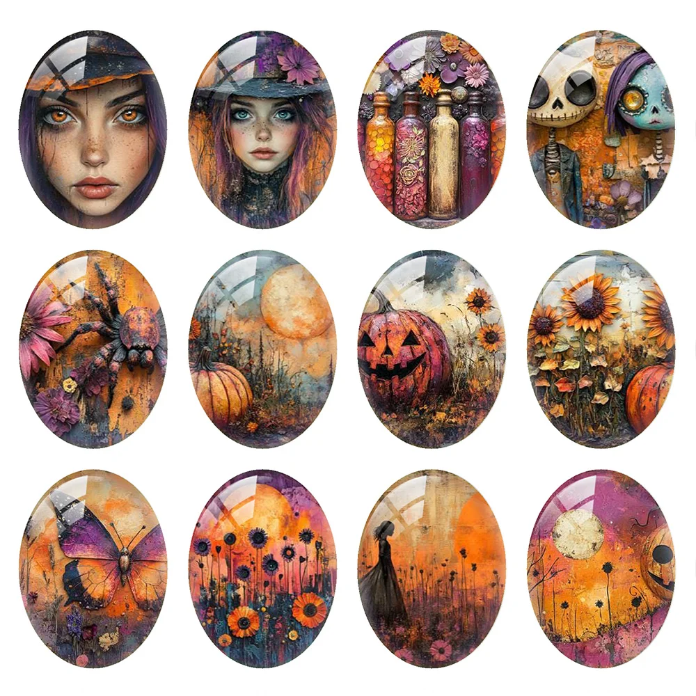 

10pcs/lot Halloween Gothic Horror Witch Hunting House Pumpkin Oval Photo Glass Cabochon Flatback Demo Cameo Diy Jewelry Making