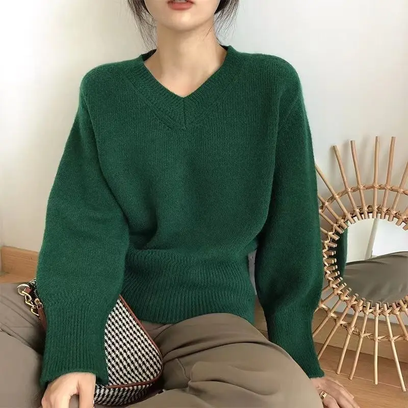 Sweaters V Neck Women Vintage Autumn Winter Loose Knitted Pullovers Soft Warm Solid Jumper Sweater Knitwear Short Style Tops