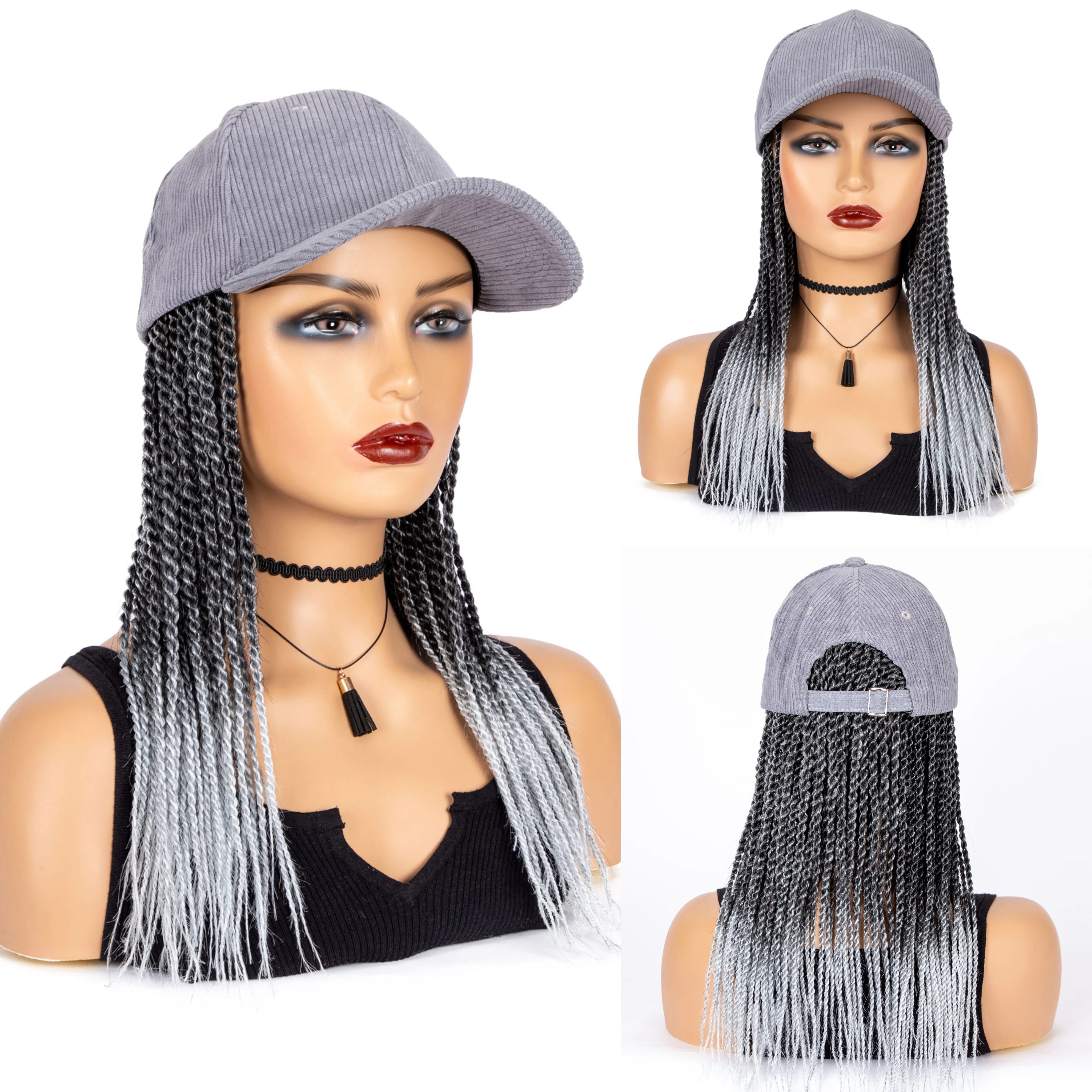 Cuz Of Hair-Extensions de Cheveux avec Casquette de Baseball pour Femme Noire, Tresses Sénégalaises, Noir, Argent, Gris, 14 Pouces