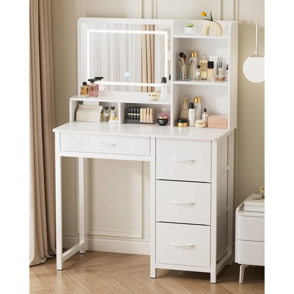 Vanity Desk with Mirror and Lights - Large Capacity Makeup Vanity with 4 Fabric Storage Drawers & 3 Lighting Modes, Vanity Tabl