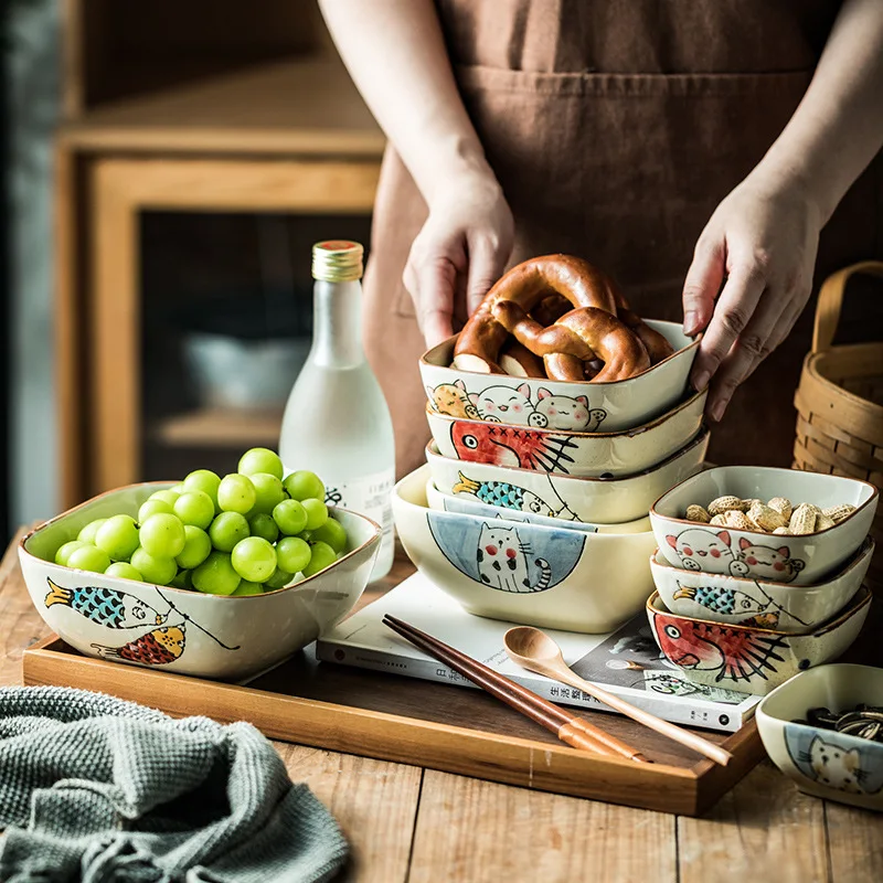 

Japanese Style Square Bowl Household Eating Soup Rice Bowl Restaurant Ceramic Tableware Retro Salad Bowl