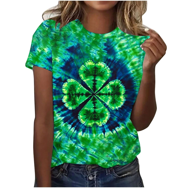 St. Patrick's Day Women T Shirt 3D Lucky Four-leaf Clover Graphic Print T-Shirts Unisex Crew Neck Short Sleeve Casual Kids Tops