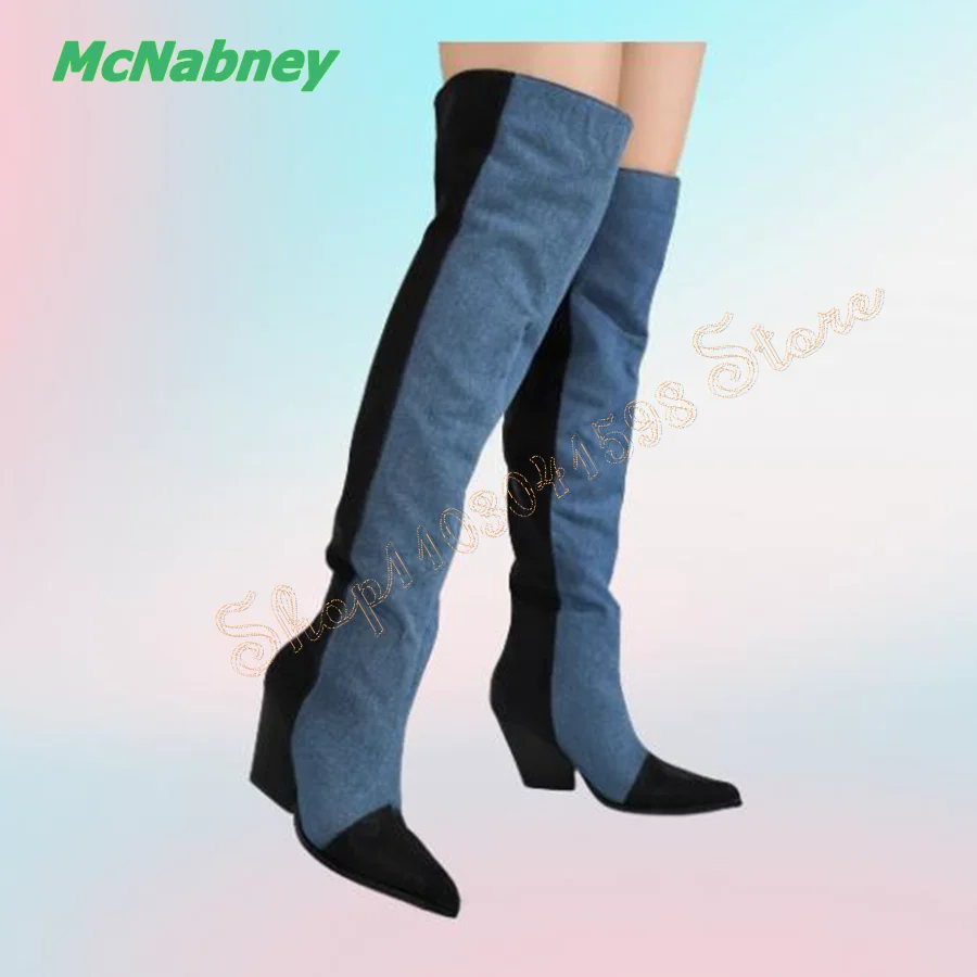 Pointed Toe Leather Denim Over The Knee Boots Wedge Zipper Women Boots Fashion Party High Heel Boots2024 New Zapatos Para Mujere