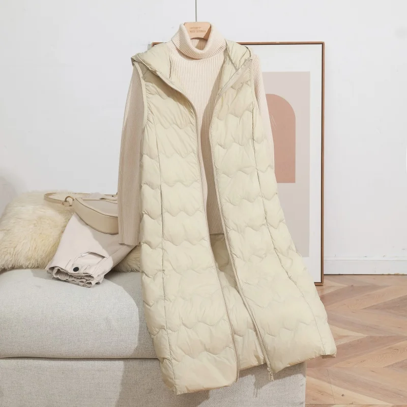 Chaleco largo con capucha para mujer, chaleco con capucha 90% de plumón de pato blanco para ir al trabajo, moda sencilla, otoño e invierno, 2025