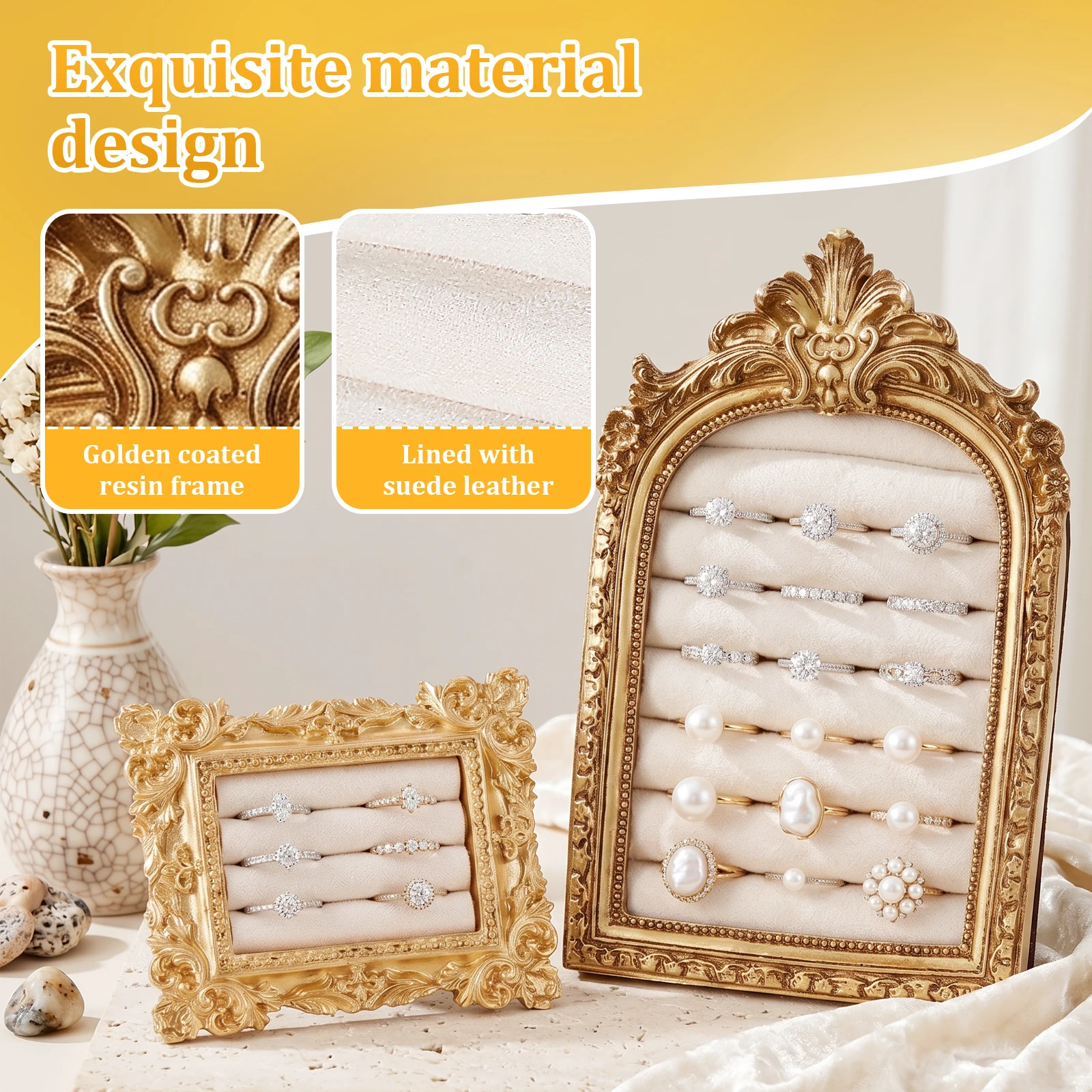 2Pcs Gold Resin Jewelry Organizer Box Tray Photograph Prop Ring Display Jewelry Box for Wedding Decor Bridesmaid Engagement Gift