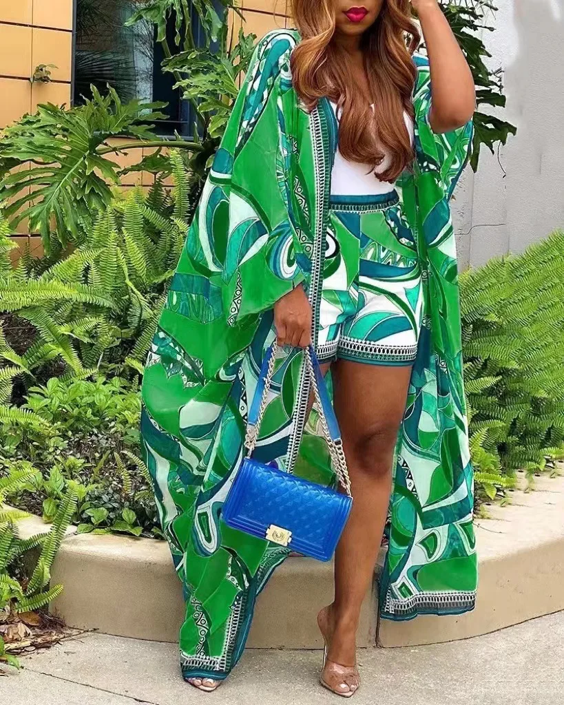 2023 African Clothes for Women Summer Sexy African Women Long Sleeve Polyester Printing 2pcs Top Short Pant Matching Sets