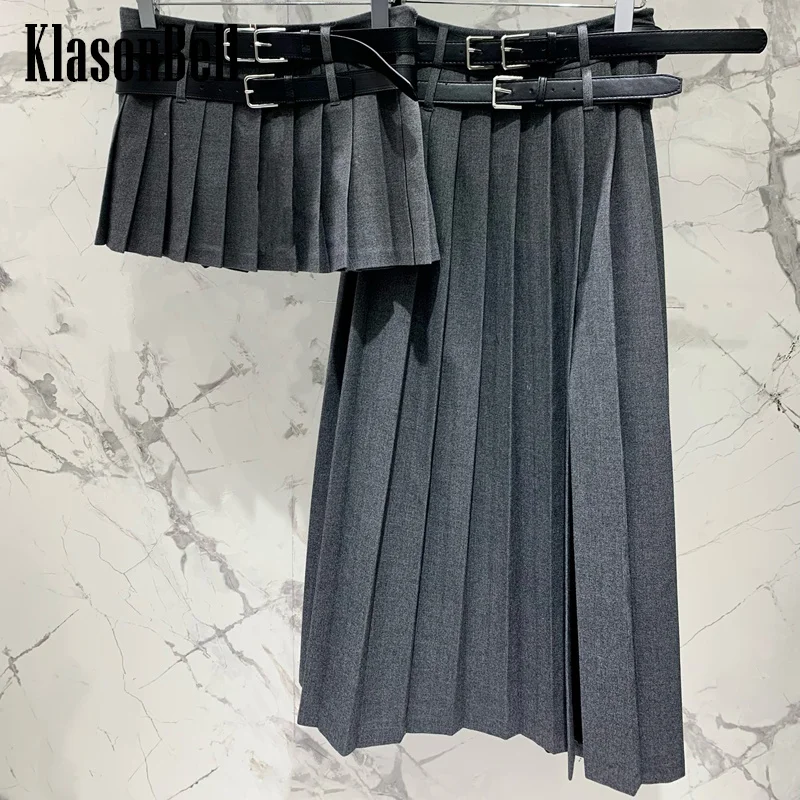 8.6 KlasonBell Women Fashion Streetwear Double Buckle Sashes Decoration Long Split Pleated Skirt Sweet All-matches Short Skirt