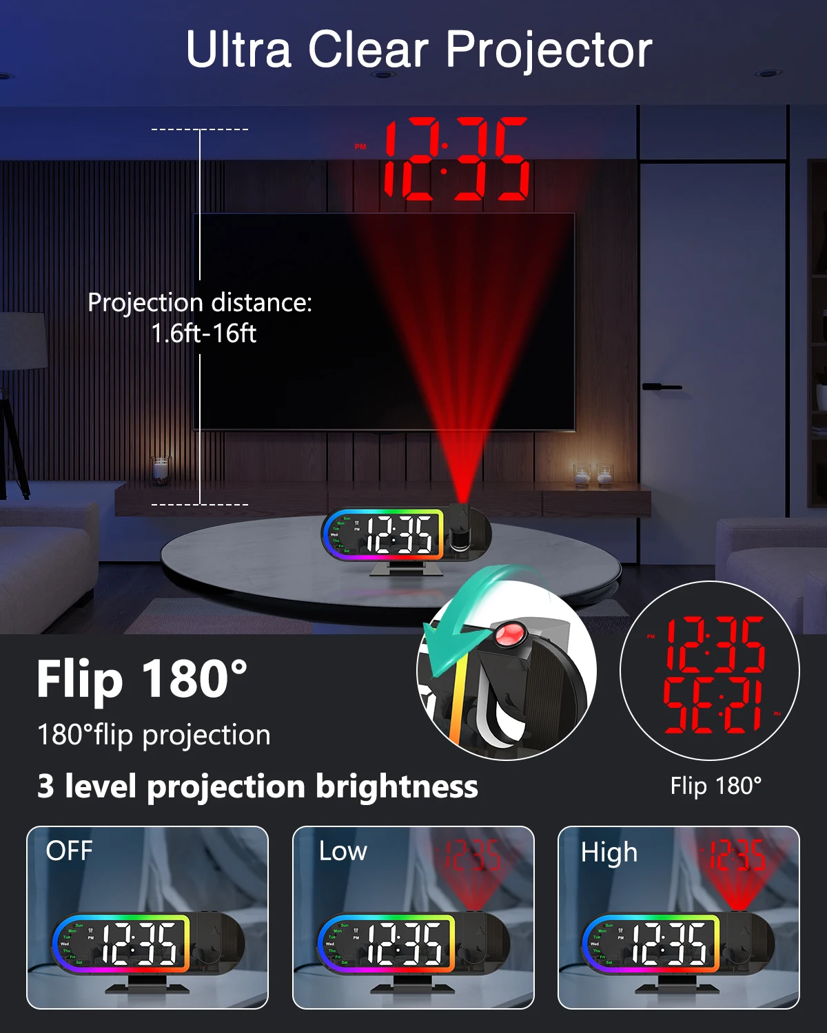 Reloj despertador digital con proyección LED y pantalla grande 8.5" - imagen 4
