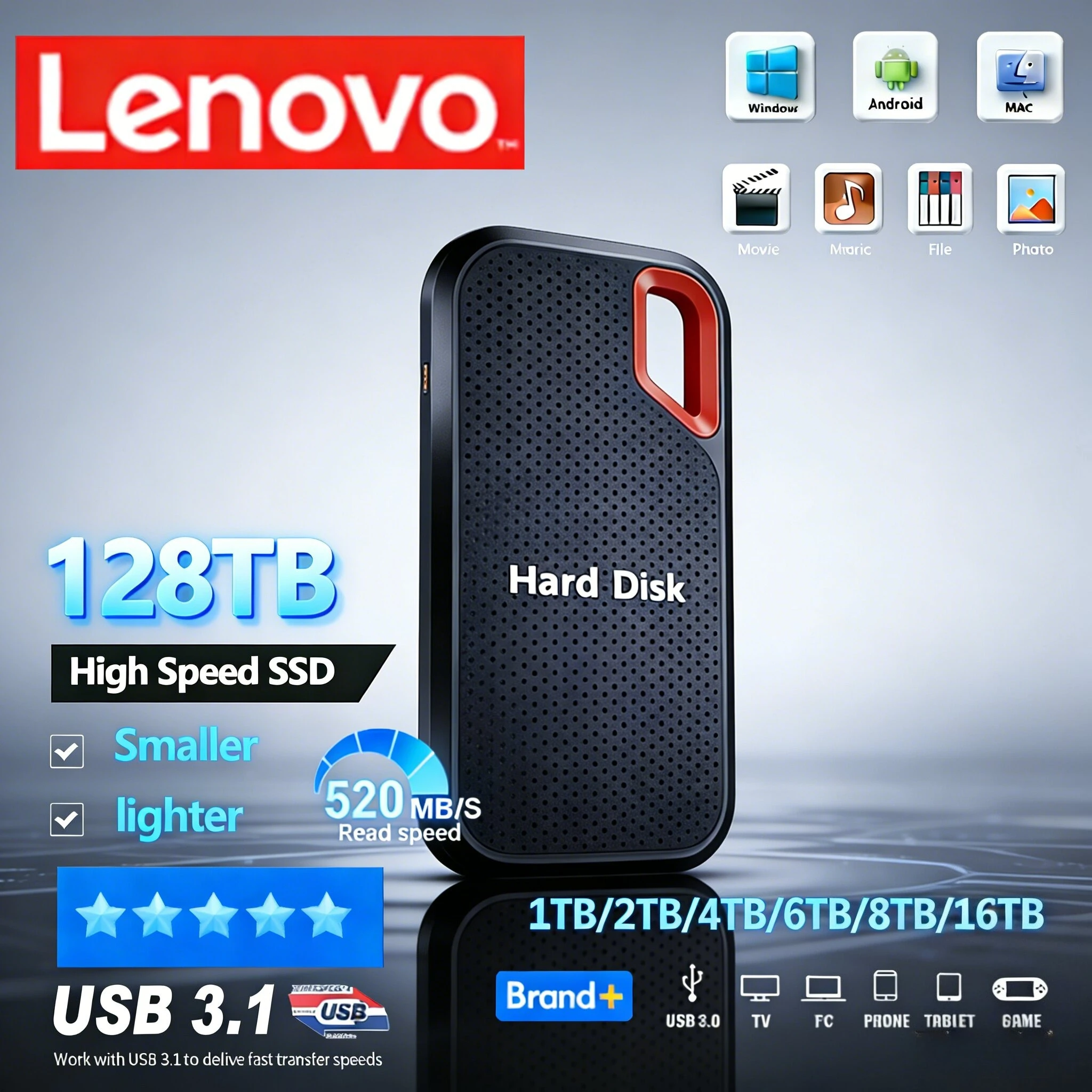 

New Lenovo Hard Disk Mobile SSD E61 2TB 6TB 8TB USB 3.1HDExternal Hard for Laptop PS5 Mobile Hard Disk HDD Storage Devices