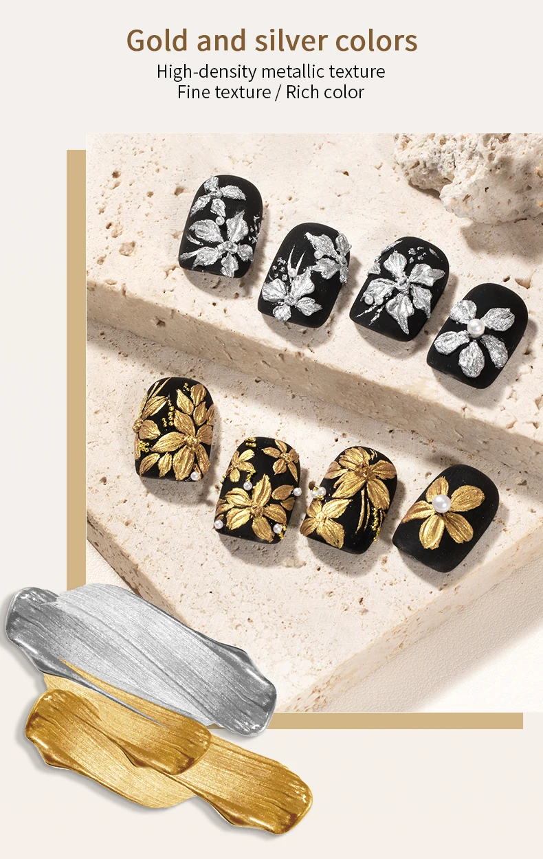 RSNAIL 3D Metall-Prägegel Ohne Abwischen Modellier-Gel Ohne Überlack Gold Silber Textur-Gel für Nagelkunst-Dekoration 5g – Detail 4