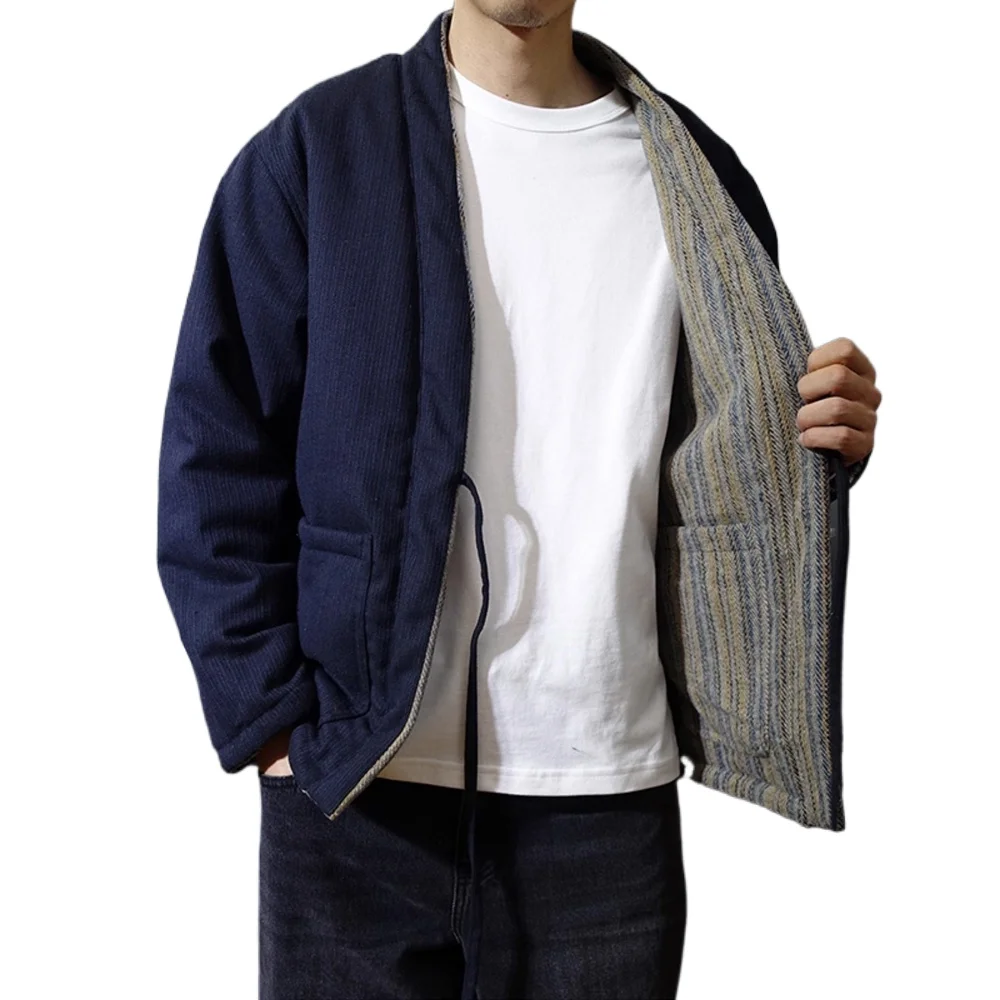Both Sides Wearable Winter Warm Coat Men Japanese Streetwear Vintage Stripe Loose Casual Padded-cotton Kimono Robe Parkas Jacket