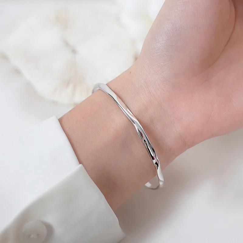 VENTFILLE 925 Sterling Silver Irregular Smooth Open Bangle Bracelet For Women Men Temperament Jewelry Gifts Dropshipping Wholesa