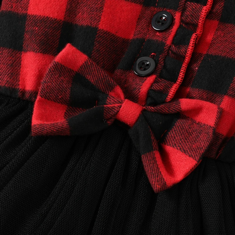 

Girls Winter Holiday Plaid Dress with V-Neck Long Sleeves Frills Buttons Bowknot and Tulle Tutu Skirt - Festive Princess