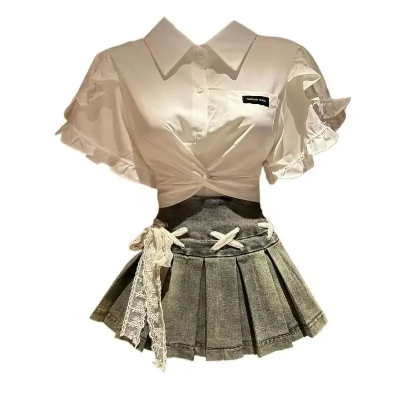 Summer Wear Complete Set of Korean Temperament Kink Short-sleeved Shirts Denim Skirts College Style Age-reducing Suits for Women