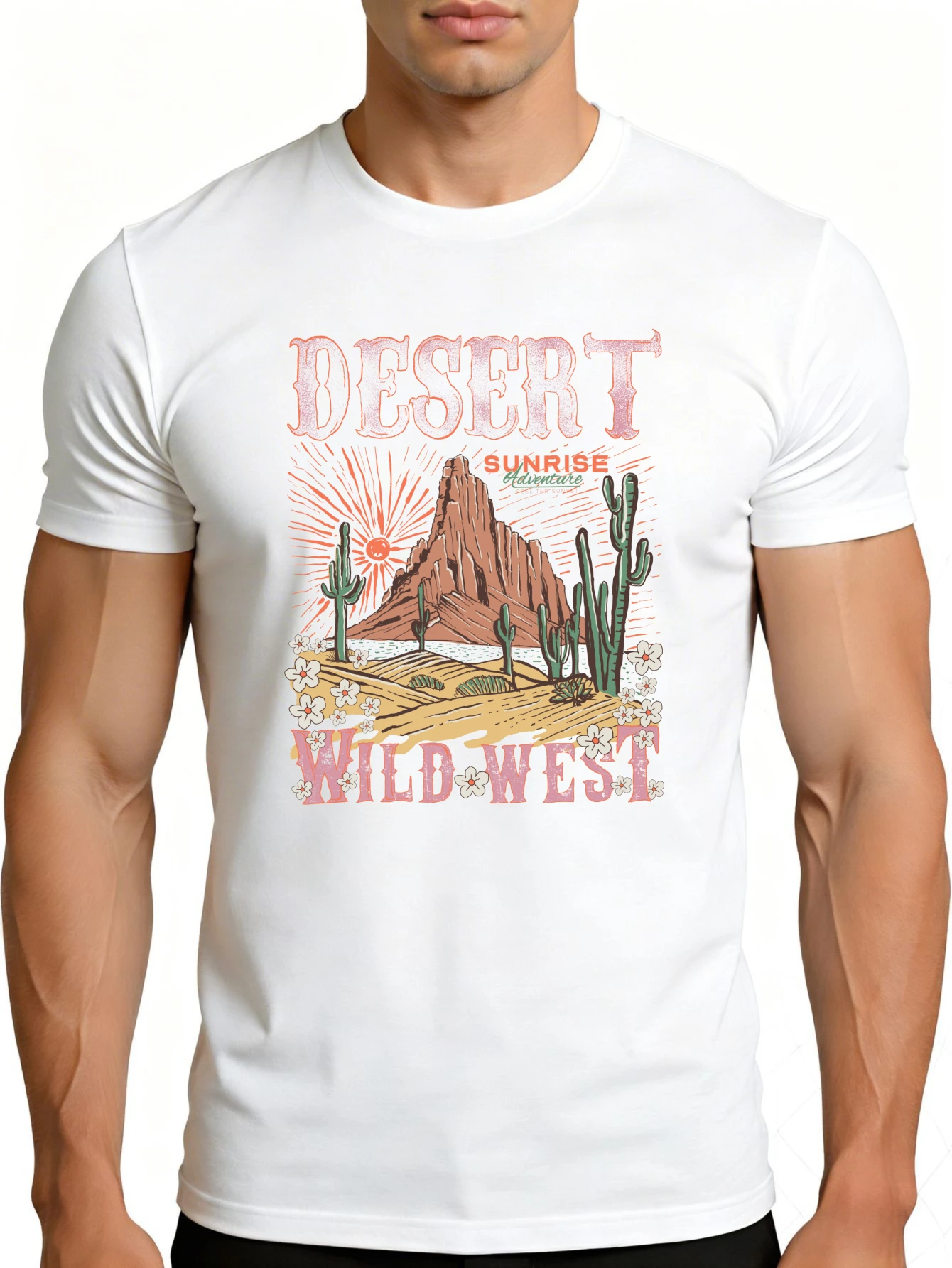 Men's Graphic T-Shirt - Breathable, Soft, Lightweight - Desert Sunrise Western Cactus Mountains - Vintage Fun Graphic Casual Short Sleeve Summer Top, Gift for Him