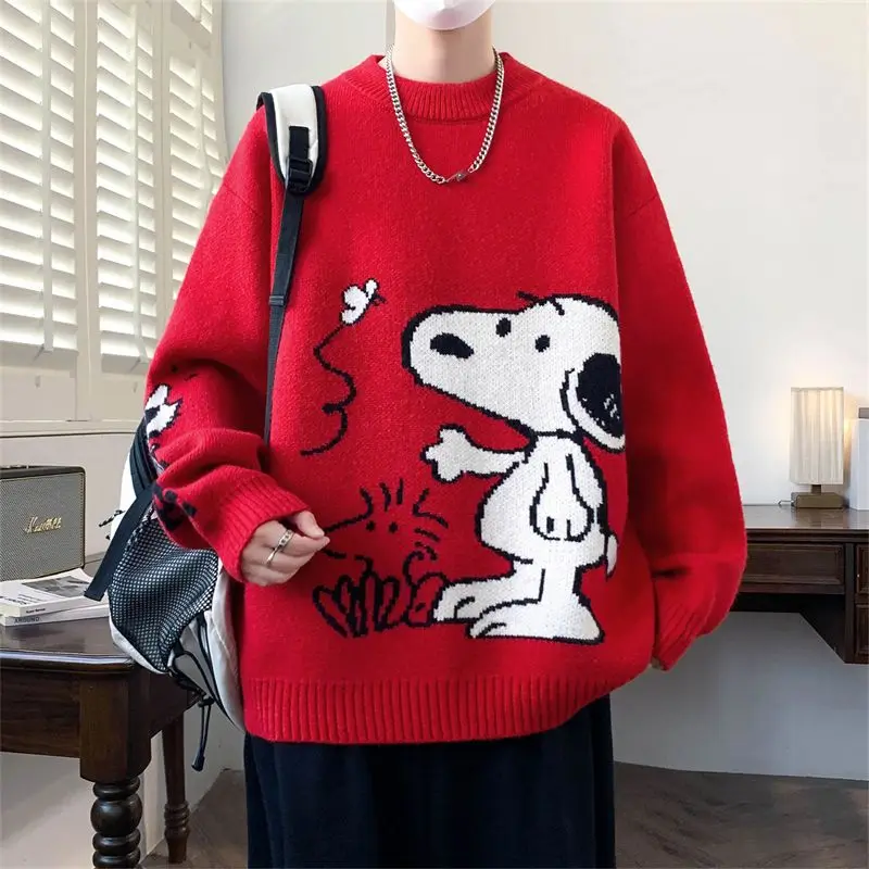 Snoopy Cartoon Jacquard Sweater Men Oversized Crew Neck Pullover Red Knitwear Harajuku Streetwear Loose Warm Winter Couple Tops