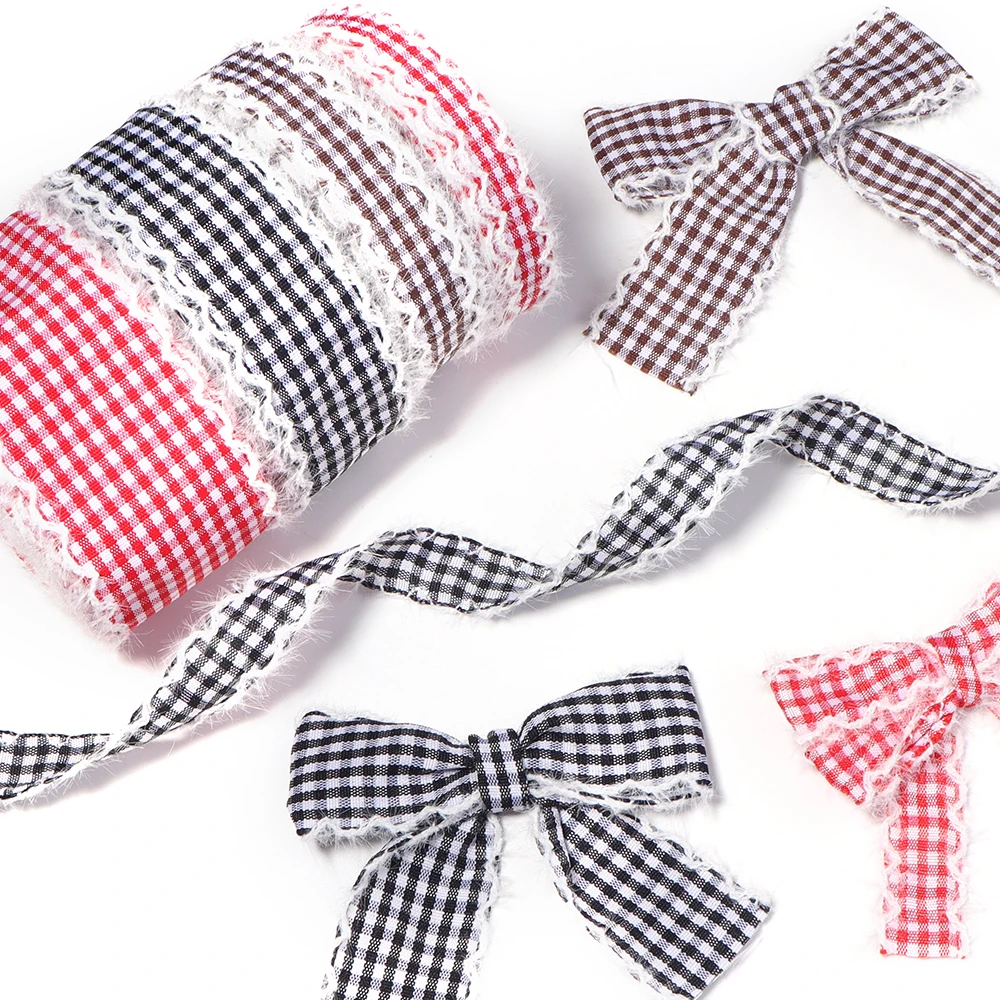 5 Yards kariertes, gewelltes Samtband mit geschwungener Kante, handgemachte Schleife, Geschenkverpackung, DIY-Schleife, Haaraccessoires, Kleidung, Hüte, Blumendekoration – Detail 1