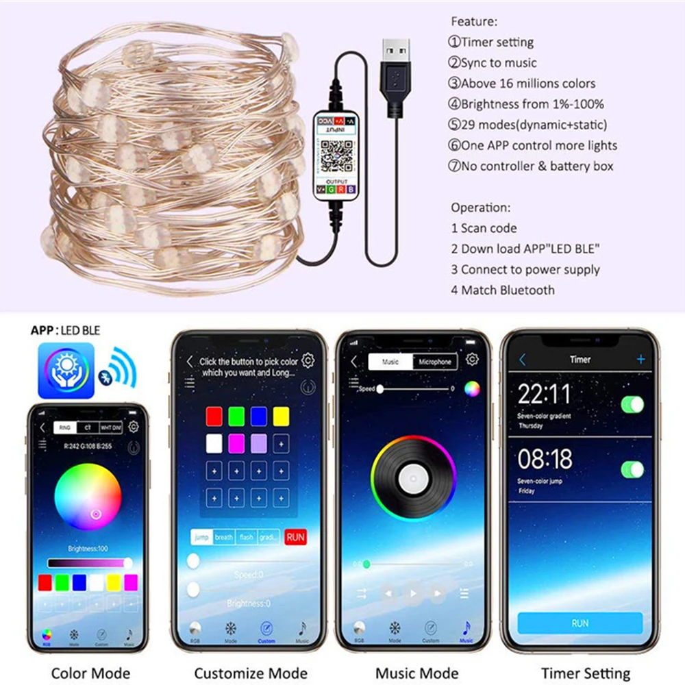 USB Smart Bluetooth Led Copper Wire String Light 5M/10M/20M/30M App Control Christmas Tree Decor New Year Fairy Light Garland