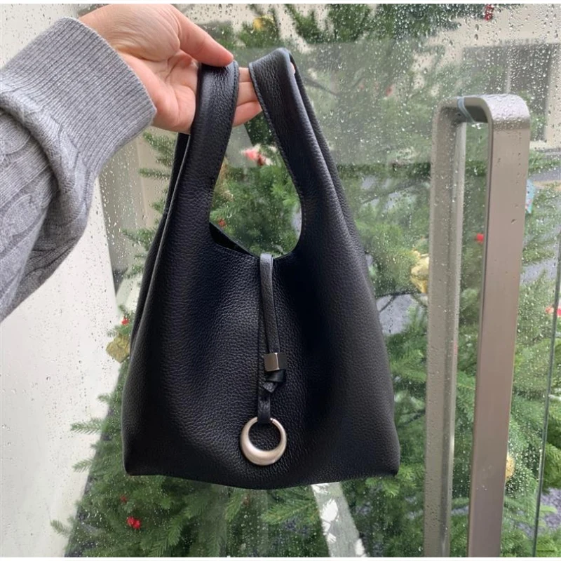 

Soft Leather Basket Bucket Bag For Women, Versatile Relaxed Shoulder Crossbody Bag Small Tote Handbag For Casual Commute Handbag