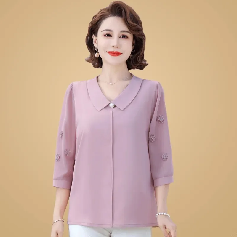 

Женская шифоновая блузка с воротником Питер Пэн и цветочной вышивкой, рукав 3/4, повседневный топ для женщин среднего возраста